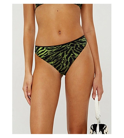 Shop Ganni Tiger-print High-rise Bikini Bottoms In Lime Tiger