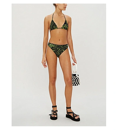 Shop Ganni Tiger-print High-rise Bikini Bottoms In Lime Tiger