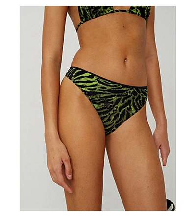 Shop Ganni Tiger-print High-rise Bikini Bottoms In Lime Tiger