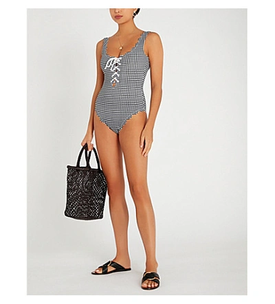 Shop Marysia Palm Springs Tie-front Swimsuit In Midi Black Gingham