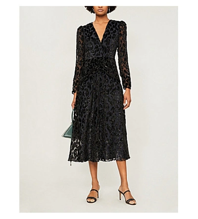 Shop Self-portrait Ruched Metallic Leopard Devoré Maxi Dress In Black/navy