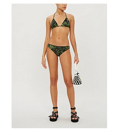 Shop Ganni Tiger-print Triangle Bikini Top In Lime Tiger