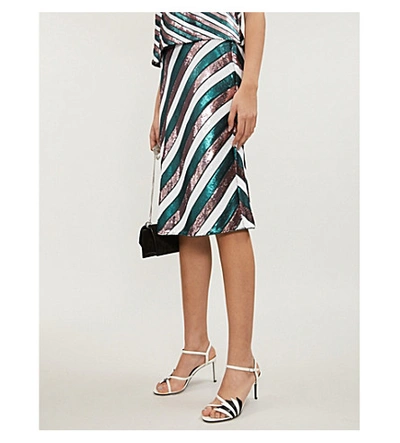 Shop Diane Von Furstenberg Striped Sequinned High-rise Skirt In Flag Stripe Dark Forest
