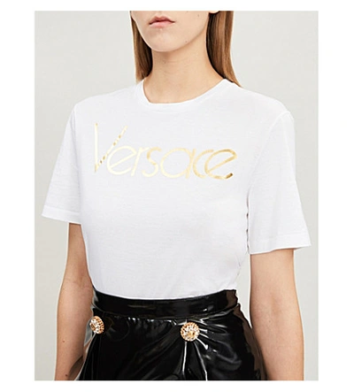 Shop Versace Logo-print Cotton-jersey T-shirt In White Gold