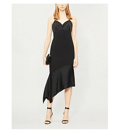 Shop Victoria Beckham Asymmetric Satin-panelled Crepe Midi Dress In Black