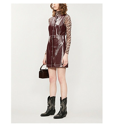 Shop Ganni Sleeveless Button-down Faux-patent Dress In Port Royale