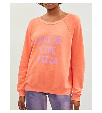 Shop Wildfox ‘love Me Like Pizza' Print Cotton-blend Sweatshirt In Flame