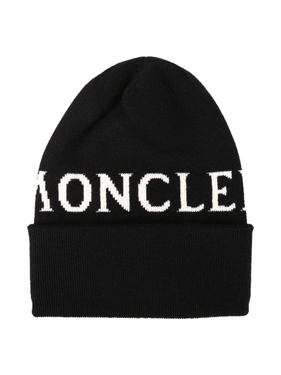 Shop Moncler Wool Jacquard Logo Beanie In Black