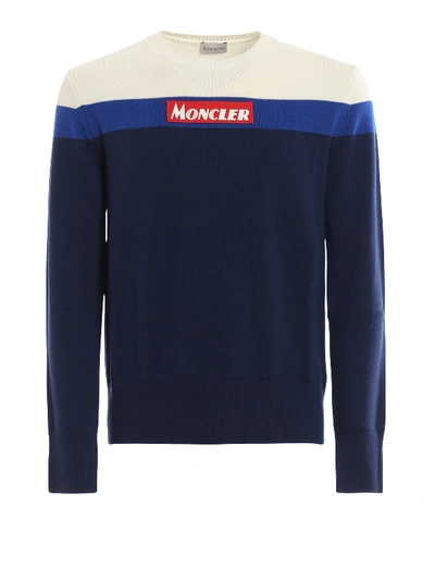 Shop Moncler Wool Logo Patch Sweater In Blue