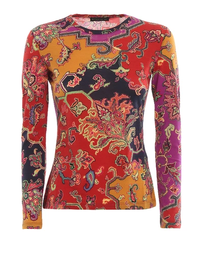 Shop Etro Floral Print Knitted Wool Long Sleeve T-shirt In Multicolour