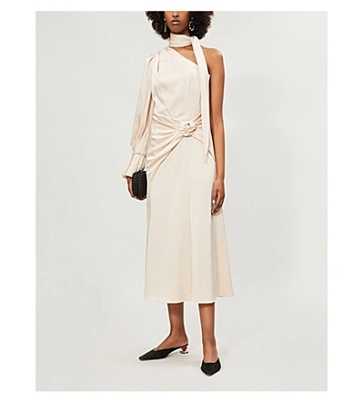 Shop Peter Pilotto One-shoulder Knotted Satin Midi Dress In Cream