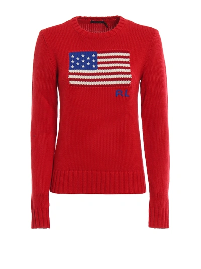 Shop Polo Ralph Lauren Jacquard Us Flag Red Sweater
