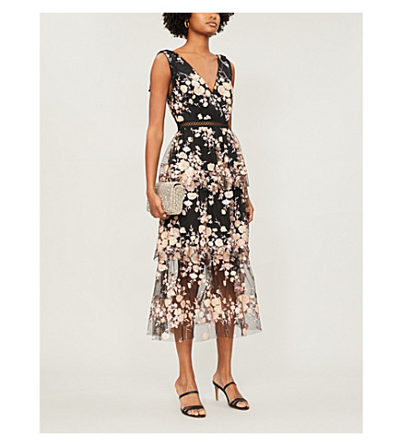 self portrait sleeveless midnight floral mesh dress
