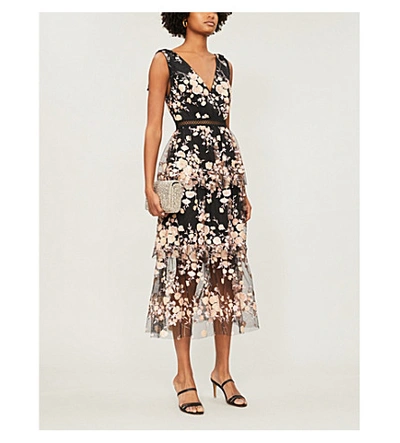 Shop Self-portrait Tiered Sequinned Floral Mesh Midi Dress In Black