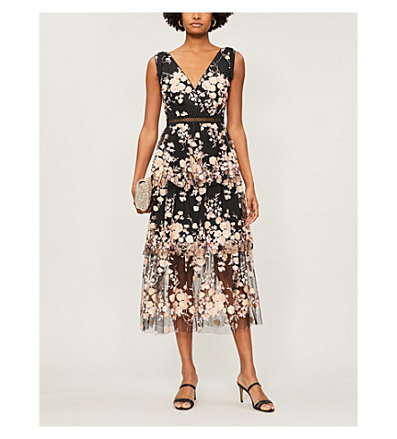 self portrait midnight floral mesh dress