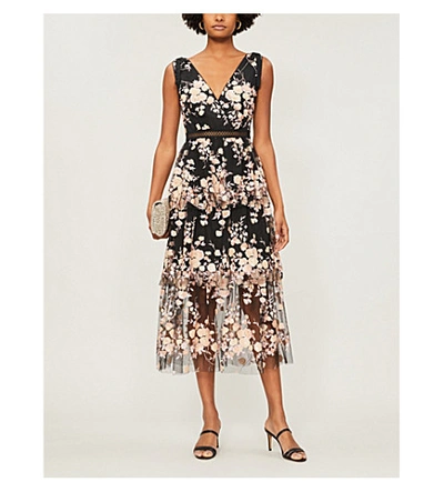 Shop Self-portrait Tiered Sequinned Floral Mesh Midi Dress In Black