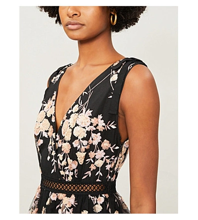 Shop Self-portrait Tiered Sequinned Floral Mesh Midi Dress In Black