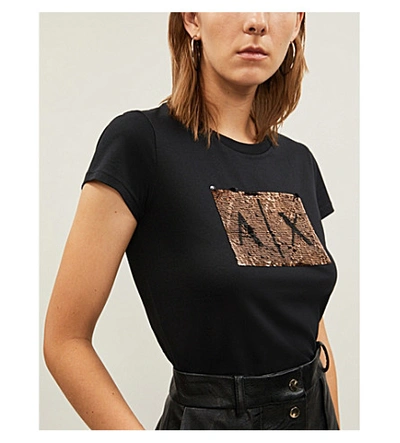 Shop Armani Exchange Sequinned Slim-fit Cotton-jersey T-shirt In Black Gold