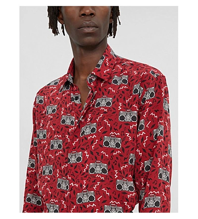Shop Saint Laurent Geometric-print Regular-fit Silk-crepe Shirt In Rubis Noir