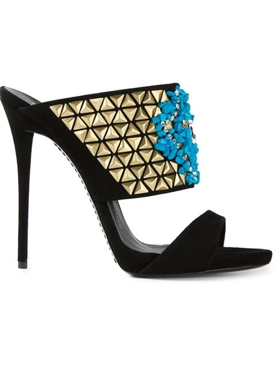 Giuseppe Zanotti Studs & Turquoise Suede Sandals In Black