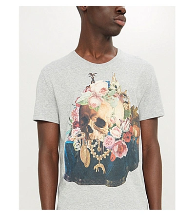 Shop Alexander Mcqueen Floral Skull-print Cotton-jersey T-shirt In Grey Mix