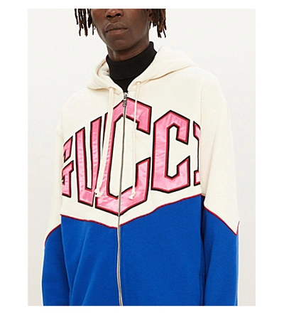 Shop Gucci Logo-appliquéd Cotton-jersey Hoody In Natural+navy+red