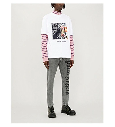 Shop Palm Angels Logo-print Faded Tapered Jeans In Dark Grey Wash