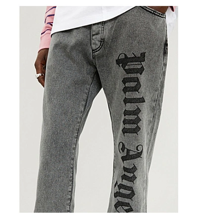 Shop Palm Angels Logo-print Faded Tapered Jeans In Dark Grey Wash