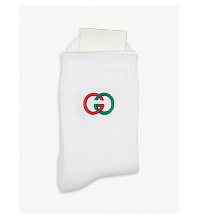 Shop Gucci Embroidered-logo Stretch-cotton Socks In White
