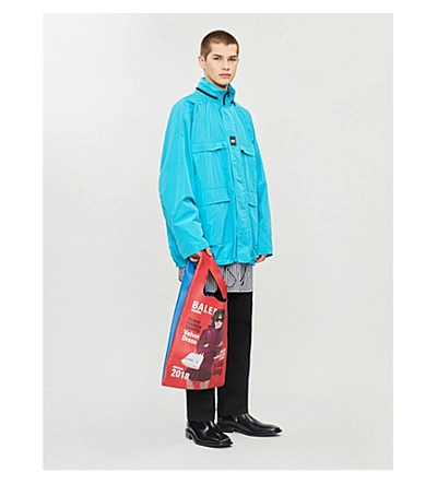 Shop Balenciaga Logo-print Shell Hooded Jacket In Turquoise