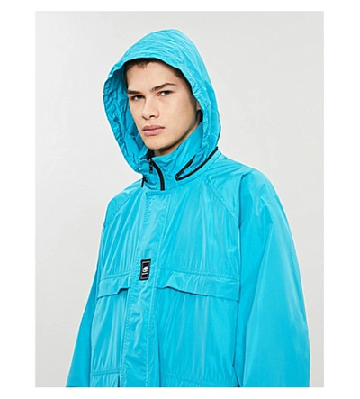 Shop Balenciaga Logo-print Shell Hooded Jacket In Turquoise