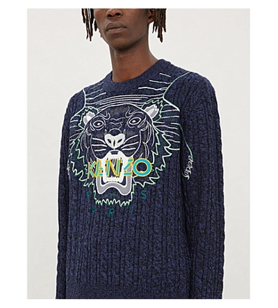 Shop Kenzo Tiger-embroidered Wool-blend Jumper In Navy Blue