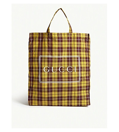 Shop Gucci Cabas Check Print Logo Tote Bag In Yellow
