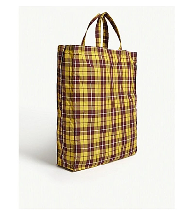 Shop Gucci Cabas Check Print Logo Tote Bag In Yellow