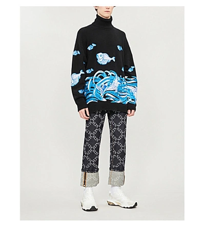 Shop Valentino Fish-embroidered Wool And Cashmere-blend Jumper In Black Blue