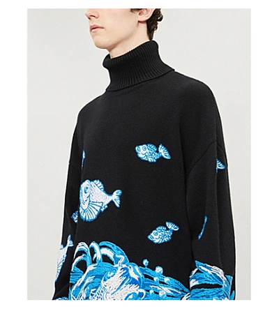 Shop Valentino Fish-embroidered Wool And Cashmere-blend Jumper In Black Blue