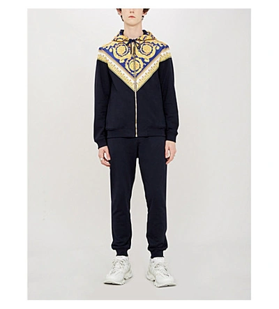 Shop Versace Baroque Print-panelled Cotton-jersey Hoody In Blu Stampa