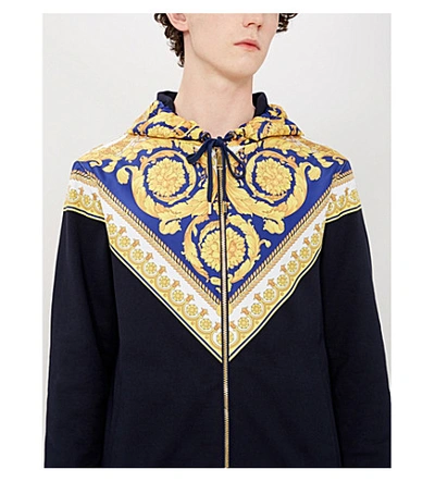 Shop Versace Baroque Print-panelled Cotton-jersey Hoody In Blu Stampa