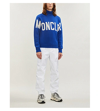Shop Moncler Logo-intarsia Turtleneck Wool Jumper In Blue