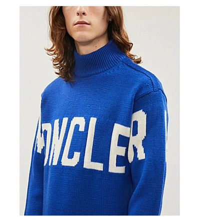 Shop Moncler Logo-intarsia Turtleneck Wool Jumper In Blue