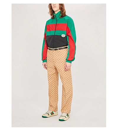 Shop Gucci Colour-blocked Logo-appliquéd Shell Jacket In Black+green+red