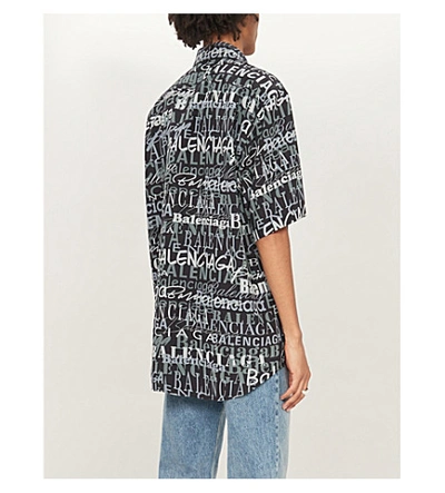 Shop Balenciaga Branded-pattern Regular-fit Silk Shirt In Black Grey