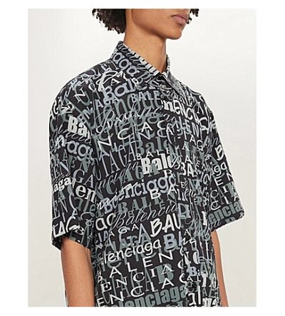 Shop Balenciaga Branded-pattern Regular-fit Silk Shirt In Black Grey