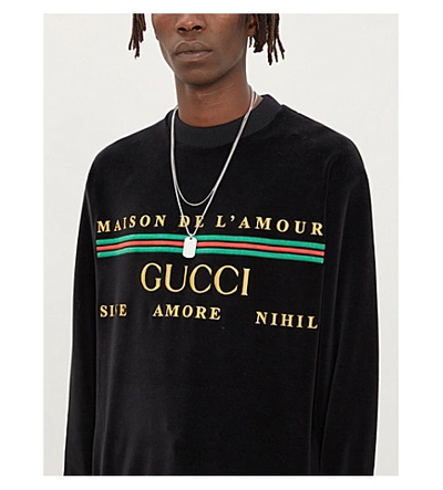 Shop Gucci Text-embroidered Velour Sweatshirt In Black