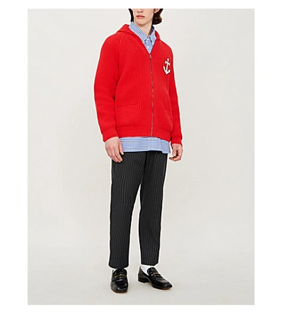 Shop Gucci Anchor-appliquéd Cotton-blend Cardigan In Red Multi