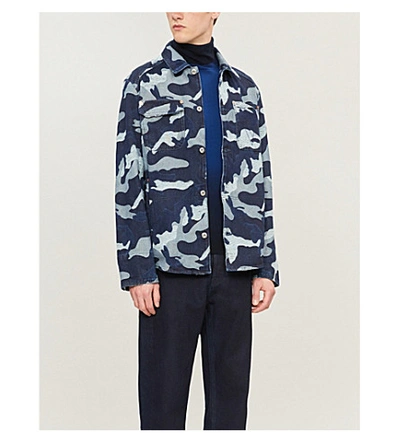 Shop Valentino Camouflage-print Denim Overshirt In Navy