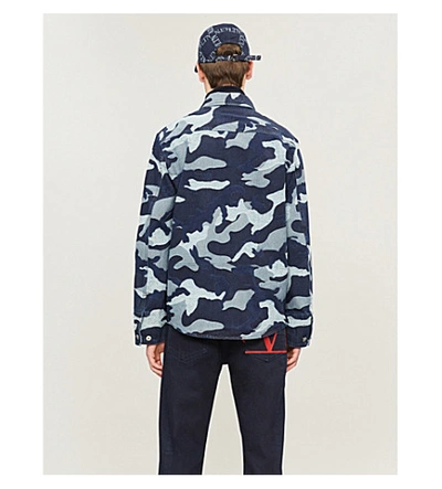 Shop Valentino Camouflage-print Denim Overshirt In Navy
