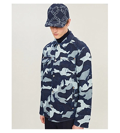 Shop Valentino Camouflage-print Denim Overshirt In Navy