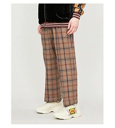 Shop Gucci Checked Wide-leg Wool-blend Trousers In Umber Blue