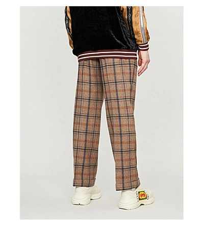 Shop Gucci Checked Wide-leg Wool-blend Trousers In Umber Blue